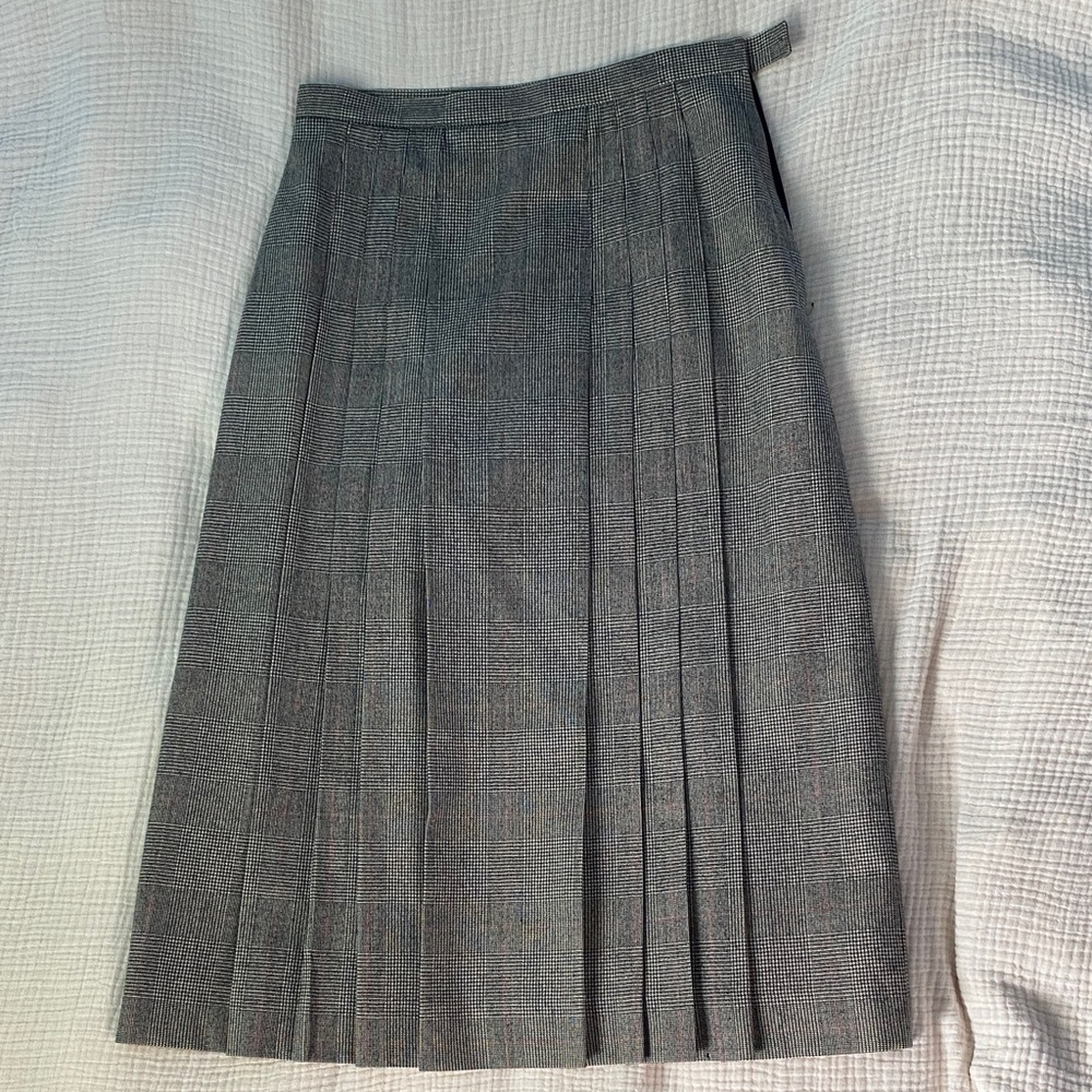 Gray Pleated Plaid Wool Midi Skirt